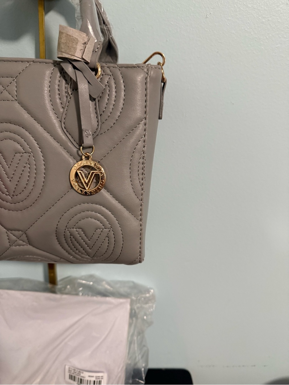 Valentino Orlandi light grey Quilted Satchel with FREE Red Pom Cherry Charm! NWT - Picture 3 of 11